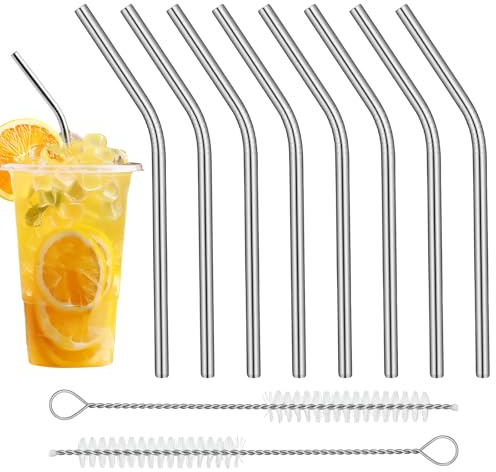 JJUNW 8Stück Strohhalme Edelstahl, Wiederverwendbar Metall Strohhalm 15.5cm | Edelstahl Trinkhalme Set mit 2 Reinigungsbürsten Reinigungsbürsten Gebogene für Cocktails Säfte
