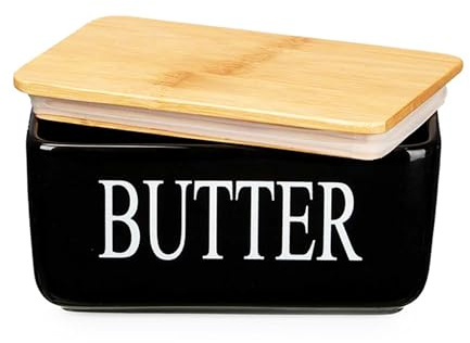 BUTTERDOSE aus Keramik und Bambus mit Deckel Schwarz Butterglocke Kühlschrank Butterschale Butterbehälter Butterbüchse Butter Box 10
