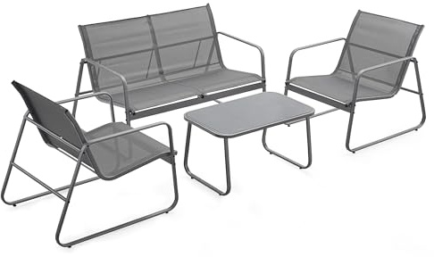 URBNLIVING 4-Piece Outdoor Garden Lounge Set – Loveseat, 2 Chairs & Coffee Table, Patio Sofa Furniture, Modern Weather-Resistant Design (Grey)