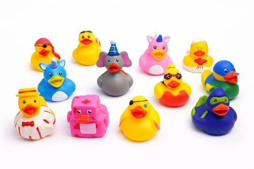 STUWU 12er Badeenten Set – 12 Verschiedene Figuren zum Sammeln & Spielen – Badewannen Spielzeug Set – Geschenkidee Kinder – Bunte Badefiguren