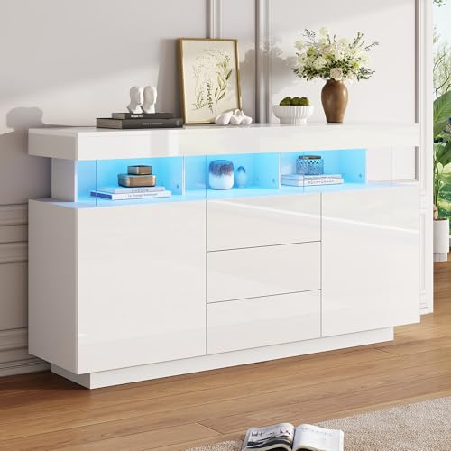Merax Sideboard 140cm Weiß Hochglanz mit LED, Moderner Kommode mit 2 Türen, 3 Schubladen, Offene Staufächer, TV-Schrank Wohnzimmerschrank mit Verstellbarem Einlegeboden, Buffetschrank Mehrzweckschrank