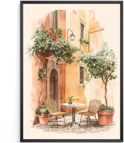 MJ-GRAPHICS® Poster mediterraner Innenhof Wandbild Aquarell warmes Orange Kunstdruck hell Grüntöne Wohnzimmer Deko entspanntes Ambiente Bilder Straßenansicht 50x70 mit schwarzem Rahmen