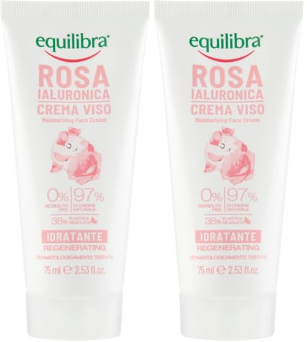 Equilibra Viso, Rosa Ialuronica Crema Viso Idratante a Base di Estratto di Rosa Damascena e Acido Ialuronico, Idratante, Assorbimento Rapido, Non Unge, 75 ml (Confezione da 2)