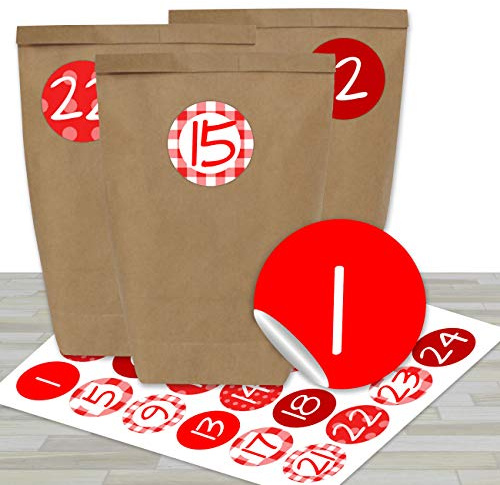 Papierdrachen Adventskalender zum Befüllen - mit 24 braunen Papiertüten und 24 weihnachtlich roten Aufklebern - zum Selbermachen und Basteln - Mini Set Nr 20 - Weihnachtskalender für Kinder
