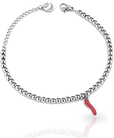 inSCINTILLE Corni Bracciale Donna Acciaio Inossidabile con Corno Peperoncino Portafortuna, Braccialetto Uomo Sfere in Acciaio Inossidabile (Rosso, Acciaio)