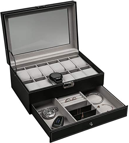 Ogrmar Cajas de almacenamiento de relojes de piel sintética con 12 ranuras, caja de almacenamiento de joyería para hombres y mujeres, organizador de 2 niveles con tapa de vidrio