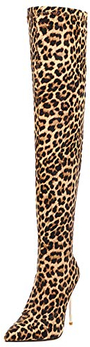 LUXMAX Stivali Elasticizzati Donna sopra Il Ginocchio Tacco Alto Spillo Scarpe a Punta Tacchi Alti 10 CM (Leopardate) - 42 EU