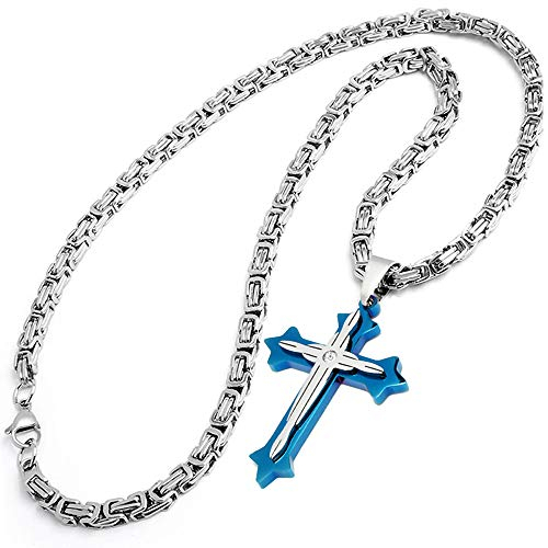 Königskette mit Kreuz-Anhänger aus massivem 316L Edelstahl und hochwertigem Zirkon Herren Schmuckset Geschenk Männer-Schmuck Halskette (Silber & Blau)