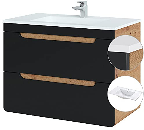 Lomadox Badmöbel Waschtisch Set, 80 cm Unterschrank seidenmat anthrazit, Wotan Eiche Nb., Keramik-Waschbecken, Softclose-Schubkästen, B/H/T ca. 81/60,8/46 cm