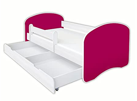 Clamaro 'Schlummerland' Kinderbett 80x180 (bis 150kg belastbar) mit Rausfallschutz, Kantenschutz, Matratze, Lattenrost und Bettkasten auf Rollen | Jugendbett Tief Rot/Tief Rot