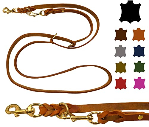 Hundeleine Fettleder Messing kleine Hunde/große Hunde 2m / 2,40m / 2,80m / 3,50m / 5m Doppelleine verstellbar (5m X 15mm, Cognac)