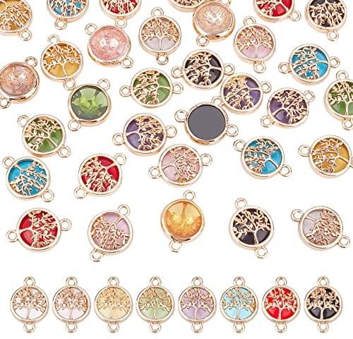 PandaHall 8 Farben Baum Des Lebens Charms, 32pcs Glasgliederverbinder Flach Rund Mit Baum Schmuckverbinder Für Halskette Armband Knöchel Schmuck DIY Herstellung