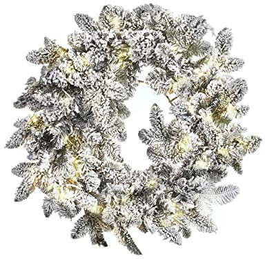 Künstlicher Weihnachtskranz weiß mit Beleuchtung Schnee bedeckt rund 70 cm Sundo