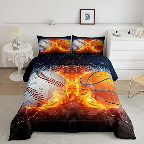 Baseball-Basketball-Bettwäsche-Set für Doppelbett, Eis- und Feuerkollision, 2-teiliges Set für Kinder, Teenager, Jungen, Mädchen, Spiel-Bettwäsche-Set, modernes Bettwäsche-Einsatz mit 1 Kissenbezug