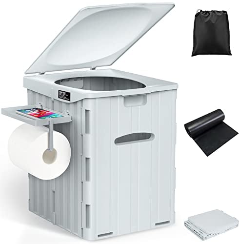 WADEO Tragbare Campingtoilette 38L, Stabile Falttoilette mit Tragkraft bis zu 200kg, Mobiltoilette Faltbares Töpchen mit abnehmbarem Papier- und Telefonhalter und 12 Stück Toilettenbeuteln (Grau)