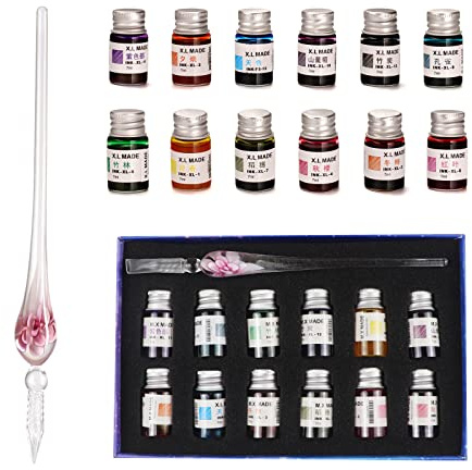 AOKUY Glasstifte-Set kalligraphie, Kalligraphie Dip Pens,12 bunte Tinten,Kaligraphie-Sets für Kunst, Schreiben, Unterschriften, Dekoration, Geschenk.