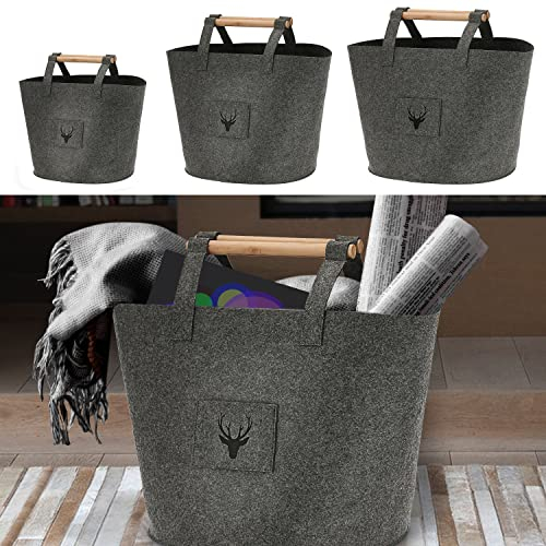 Filztasche Hirschkopf 3er Set | dunkelgrau S:32x28cm;M:38x33cm;L45x38cm Filz | Tischdekoration Platzset Filzkorb Tischläufer (1 x 3er Set Filztasche Hirschkopf dunkelgrau)