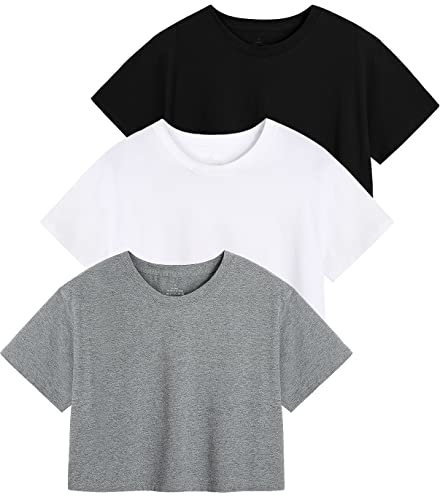 Star Vibe 3 Pack Cotton Crop Tops Gym for Women Round Neck Cropped Athletic Top Workout Yoga Tops T-Shirt Women Black/White/Gray S