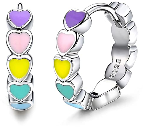 JeweBella Sterling Silber 925 Creolen für Damen Mädchen - Bunt Ohrringe Mit Stern Herz Design - Hypoallergen Sleeper Knorpel Kleine Creolen für Kinder Frauen