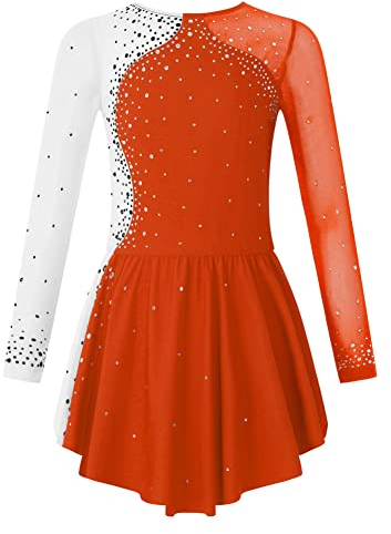 CHICTRY Kürkleider Eiskunstlauf Kinder Mädchen Strass Glitzer Rollschuhkleid Langarm Tanzbody Farbblock Patchwork Trikot Mit Wickelrock Dancewear Orange 146-152