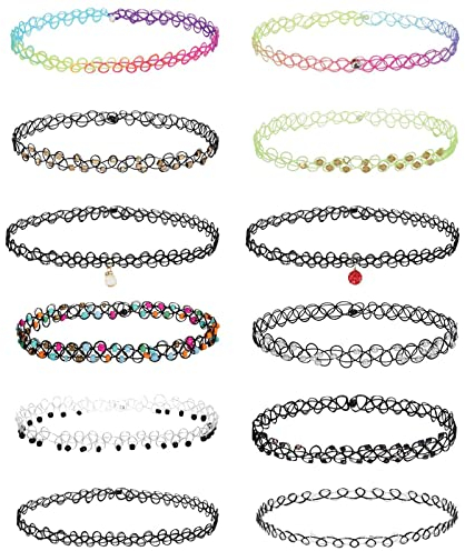 12 Stück Elastische Halskette Tattoo Halsband Stretch Tattoo Choker Kette Armband Stretch-Tattoo-Halskette für Frauen Mädchen Teen Kinder Geschenk,Erfüllen Sie Den Täglichen Verschleißbedarf