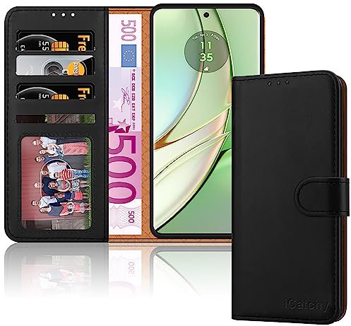 iCatchy for Motorola Edge 40 Case Leather Folio Wallet Book [RFID Blocking] Magnetic Closure [Kickstand With 4 Card Slots] Full Protection Cover (Black)