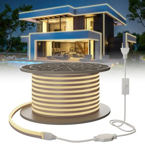 SUCIKORIO Neon LED Streifen 30m, Wasserdicht IP65 Led Strip Naturweiss 4000K 230V Leds Lichterkette Außen 120 LED/M Flexibler DIY Lichtband Aussenbereich mit Netzteil für Haus, Party, Küche