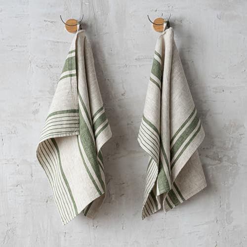 LinenMe Set mit 2 Geschirrtuch Leinen 100%, 45x66 cm Provence - Leinentuch mit Aufhänger - Geschirrtücher & Küchentücher in Natur/Waldgrün gestreift, Hergestellt in Litauen