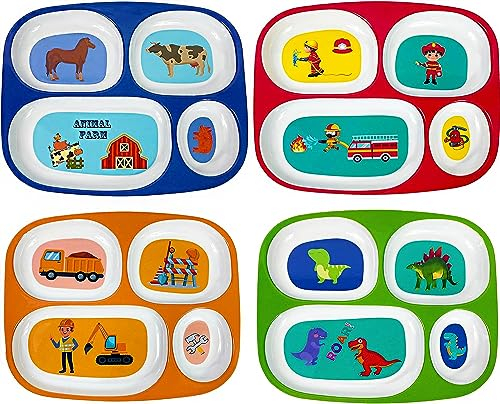 4E's Novelty Set of 4 Melamine Dinner Plates for Kids Boys - Divided Plates for Picky Eater Toddlers, BPA Free, Toddler Eating Essentials, Kids Divided Plates, Toddler Boy Plates, Kids Dinnerware Set