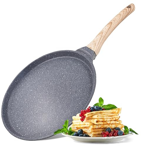 Joeji's Kitchen 26cm Non Stick Crepe & Pancake Pan – Induction Hob Frying Pan for Dosa, Roti, Omelette – Easy Clean Tawa with Soft Bakelite Handle – Dishwasher Safe