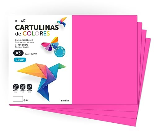 Cartone colorato, formato A3, fogli colorati 180 g, blocco cartoncino colori intensi, ideale per artigianato, stampa documenti e disegni creativi · m-office (50 fogli, Fucsia)