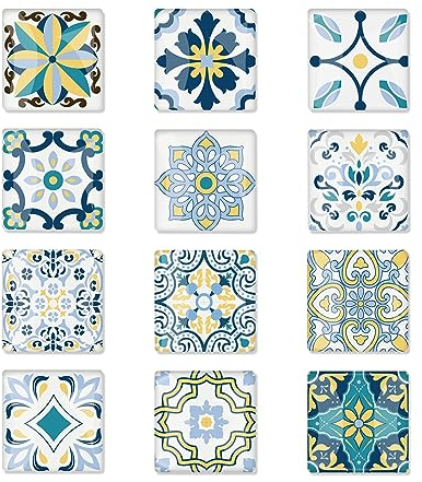 MultiValue 12 PCS Fridge Magnets, 3D Flower Tile Patterns Refrigerator Magnets Lightweight Exquisite Square Glass Magnets with Strong Magnetic for Whiteboard Office Home (01#)