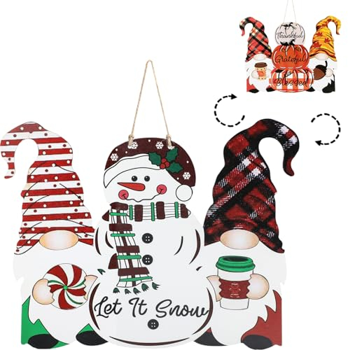 wordmouk Doppelseitiges WeihnachtsGnom Hölzerner Willkommensschild Haustür-Dekor, Hängendes mit Kürbis und Schneemann Türschild, für Weihnachten Thanksgiving Herbst Winter Yard Wand Indoor Outdoor
