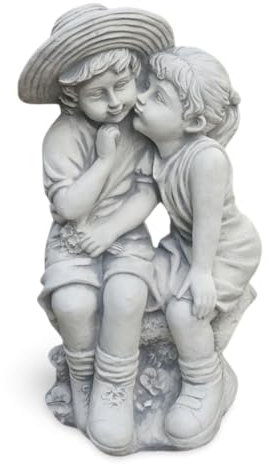 gartendekoparadies.de Junge und Mädchen Figur, Steinfigur H. 43 cm, 15 kg, Grau, frostsicher aus Steinguss für Außenbereich