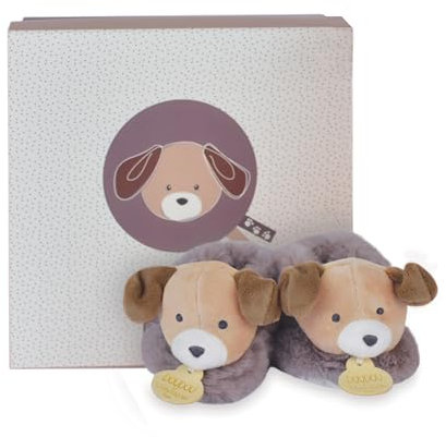 Doudou & Compagnie | Les Chaussons-Hochet Réglisse Le Chien | Réchauffe Ses Petits Pieds | À Chaque Mouvement Les Grelots Retentiront | Permet de Développer la Motricité de Bébé | Made in France