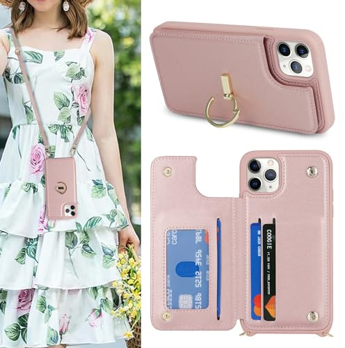 SailorTech iPhone 11 Pro Max Case with Credit Card Holder, Leather Case Ring Stand with Kickstand Strap Card Slots Wallet Crossbody - Rose Gold