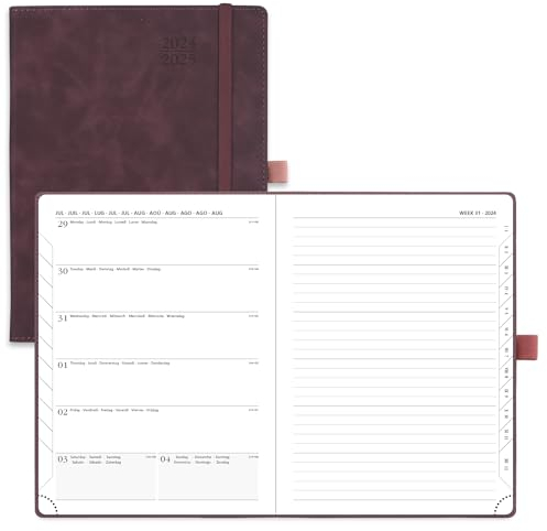 POPRUN Kalender 2025 Buchkalender A5 Notizbuch (Aug.2024-Dez.2025), ca. A5 (22 x 16,5 cm), Terminplaner, Wochenplaner 2025 Softcover mit PU-Leder, Zertifiziertem Papier - Weinrot