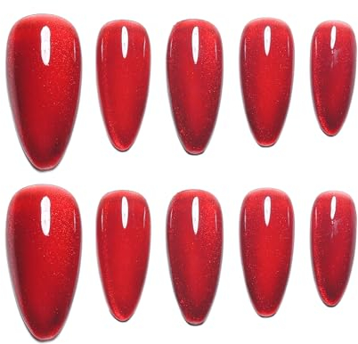 Sun&Beam Nails Handgefertigte Kunstnägel Lang Mandel Nägel zum Aufkleben in Rot Einfarbig Magnetisches Minimalistisch Design mit Klebepads 10 Stück (#162 S)