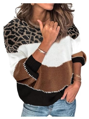 HEYPORK Damen Winter Warm Bequem Pullover Casual Mode Strickjacke Strickpullover Frauen Persönlichkeits Colorblock Lockerer Strickpullover(F Braun, S)