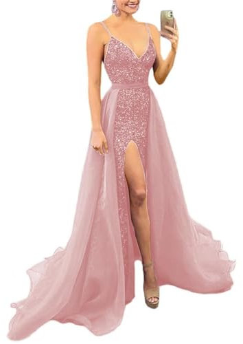 HPPEE Glitter Sequin Damigella d'onore Prom Dresses con treno staccabile abiti da sera formali cinghie di spaghetti WYX518, Rosa cipria, 44