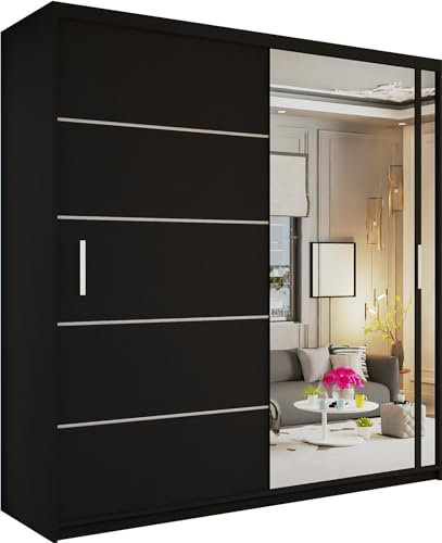 MN Furniture Victoria Modern Sliding Wardrobe One Mirror Door with Hanging Rails, Shelves Storage Bedroom Cabinet (Black, 203cm)