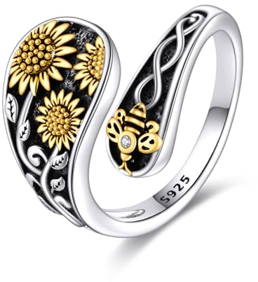 YFN Sunflower Bee Ring Sterling Silver Honeycomb Adjustable Spoon Rings Jewellery Gifts for Women (7, gold)