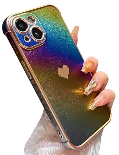 ZTOFERA Compatible with iPhone 14 (6.1) Case for Girls Women, Luxury Fluorescent Iridescent Matte Silicone Case with Cute Love Heart Pattern Plated Rim Shockproof Cover, Colorful