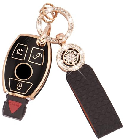 Koaudb Housse de clé de voiture 3 boutons pour Mercedes Benz A B C E G R S M Class AMG Housse de protection pour clés intelligentes en TPU avec porte-clés en cuir noir et or (C-BP-Bz-3R)