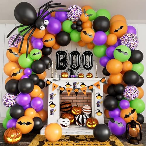 Halloween Balloon Garland Arch Kit - BOO Foil Balloon Spider, Black, Orange, Purple, Lime Green, Confetti for Indoor/Outdoor Decorations