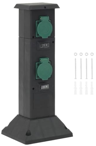 vidaXL Outdoor Socket Column - 4-Way IP44 Power Distributor, Weatherproof Electrical Outlet with Individual Switches for Garden, Lawn, Black & Green, 16x16x39.5 cm