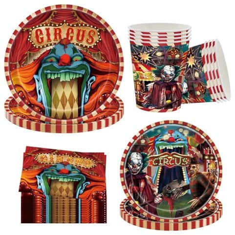 Clown Party Tableware 80 pcs Halloween Party Paper Plates, Halloween Dinner Plates Clown Theme Tableware,Halloween Party Tableware Set Including Halloween Plates, Cups, Towels, Halloween Party Decorat