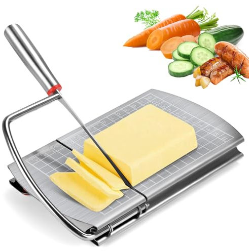 VAlinks Precise Cheese Slicer Board Stainless Steel Multipurpose Cheese Cutter Board with Blade for Block Cheese Butter Sausages Bread Dishwasher Safe (Silver)