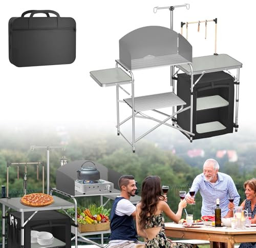 ACXIN Campingküche Faltbarer Campingschrank, Küchenbox Reiseküche, mit Alurahmen, Staufächer, Tischplatte, inkl. Tragetasche (2 Fächer)