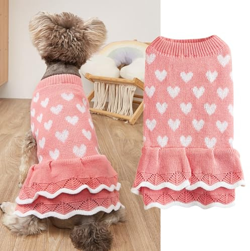 Winmany Valentinstags-Hundepullover für kleine und mittelgroße Katzen, Hunde, rot-rosa Herzkleid, Haustier-Winter-Rollkragenpullover, Strickwaren (Rosa, S)